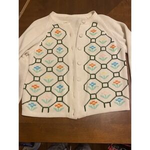 Vtg  Floral Knit Cardigan Women's Sz L Ivory Cottagecore Grandmacore Artsy Acad